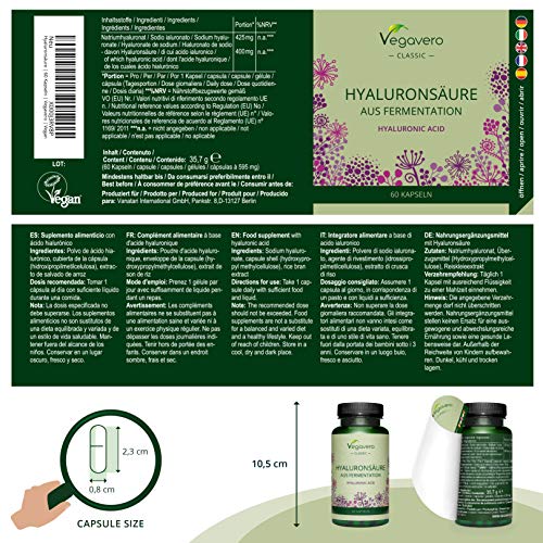 Ácido Hialurónico Vegavero® | 400 mg | 100% libre de aditivos & vegano | 60 cápsulas | 800-1500 kDa | Hidratante facial + Articulaciones