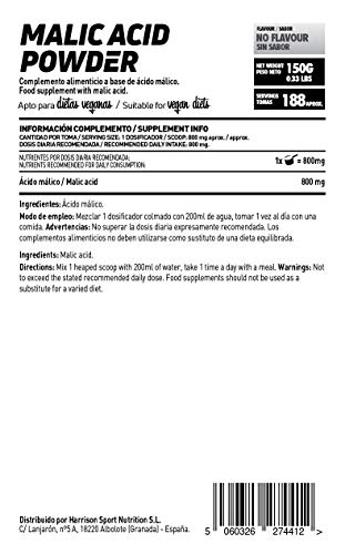 Ácido Málico en Polvo de HSN | Fomenta la Energía, Reduce la Fatiga, Mayor Rendimiento Deportivo, Recuperación Muscular | Vegetariano, Sin Lactosa, Sin sabor, 150g