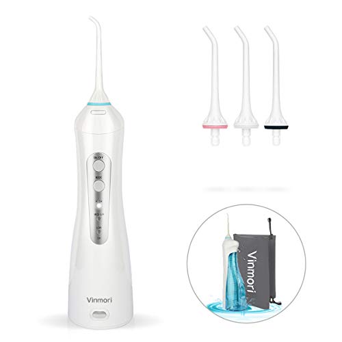 【Actualización de tecnología】Irrigador Bucal,Vimori Portátil Irrigador Dental limpieza Profesional Diseño impermeable único con 4 Boquillas de agua 3 Ajustes de presión, Aprobado por la FDA (Blanco)