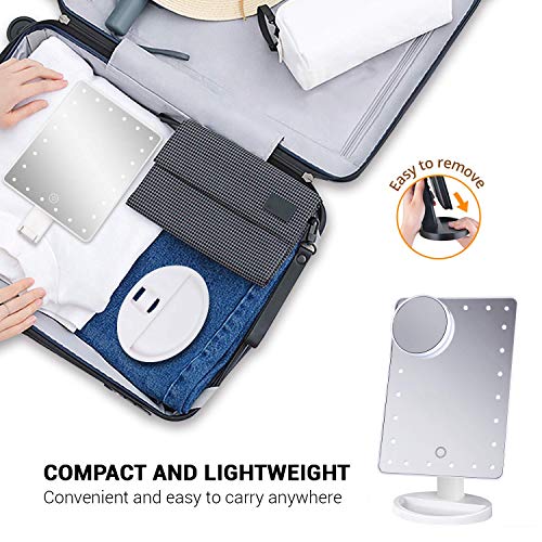 ADOV Espejo Maquillaje con Luz, 24 LED Espejo Cosmético de Sobremesa, Aumento 10x, 180° de Rotación, para Cosmético, Afeitado y Viaje - Blanco