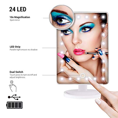 ADOV Espejo Maquillaje con Luz, 24 LED Espejo Cosmético de Sobremesa, Aumento 10x, 180° de Rotación, para Cosmético, Afeitado y Viaje - Blanco