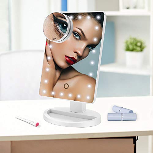 ADOV Espejo Maquillaje con Luz, 24 LED Espejo Cosmético de Sobremesa, Aumento 10x, 180° de Rotación, para Cosmético, Afeitado y Viaje - Blanco