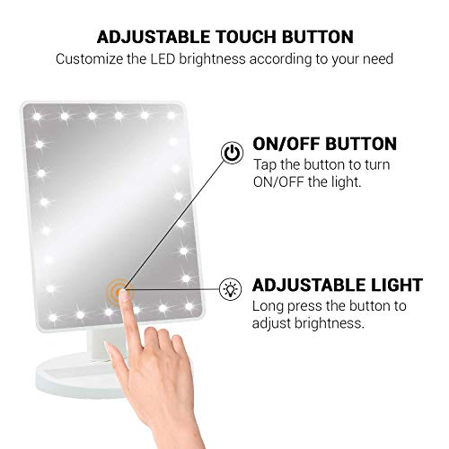 ADOV Espejo Maquillaje con Luz, 24 LED Espejo Cosmético de Sobremesa, Aumento 10x, 180° de Rotación, para Cosmético, Afeitado y Viaje - Blanco