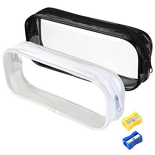 AFASOES 2 Pcs Estuche Transparente para Lapices Estuches de Pvc Estuches Escolares Transparentes Estuche de Lapices Grandes Bolsa Lapices Transparente con Cremallera + 2 Sacapuntas para Niños y Adulto