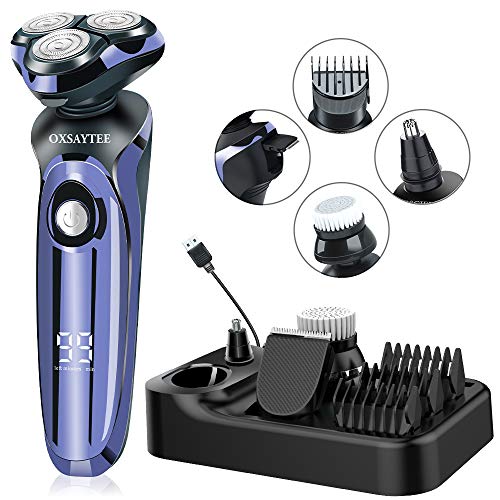 Afeitadora Electrica 4D Afeitadora Para Hombre Seco Y En Húmedo Afeitadora Rotativa Impermeable IPX7, Máquina Afeitar Inteligente Display Digital, Con Cepillo Facial y Recortador de Barba/Nariz