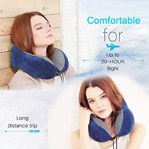 AGAKY Almohada de Viaje Almohada Cuello Espuma Memoria Sueño Suave-Tela Terapia magnética - Funda Terciopelo extraíble y Lavable- Máscara Dormir, 2 Tapones para los oídos y Bolsa de Viaje (Azul)