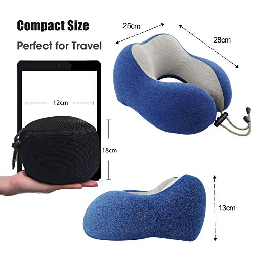 AGAKY Almohada de Viaje Almohada Cuello Espuma Memoria Sueño Suave-Tela Terapia magnética - Funda Terciopelo extraíble y Lavable- Máscara Dormir, 2 Tapones para los oídos y Bolsa de Viaje (Azul)