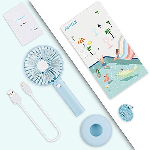 AGPTEK Mini Ventilador USB con Luz de Color, Portátil Ventilador de Mano Recargable de 2600mAh Super Silencioso para Oficina, Viajes, Azul