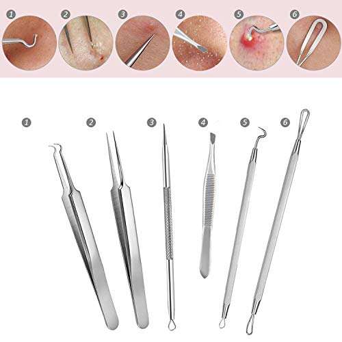 Aguja Extractor Limpiador Blackhead Remover Kit 6PCS Wolady Quitar Punto Negro Aguja Acné Comedón Quita Espinilla Blackhead Extractor Limpiador Acné Herramienta Defecto Acero Inoxidable Caja y Espejo