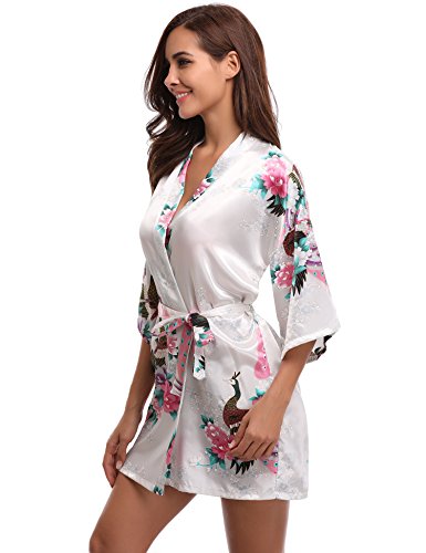 Aibrou Kimono Mujer Novia Bata Corto Sexy y Elegante con Pavo & Flores Pijamas Albornozes Camison Mujer Suave,Cómodo,Sedoso y Agradable