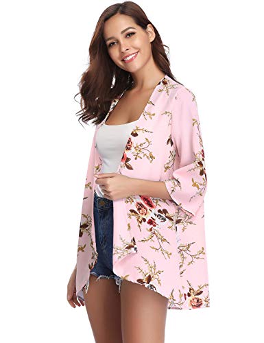 Aibrou Mujer Chal Flojo Cárdigan Kimono Florales, Manga 3/4 Tops Blusa Floral Suelta Casual Boho Style Capas(Rosa Claro L)