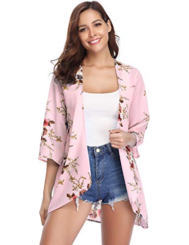 Aibrou Mujer Chal Flojo Cárdigan Kimono Florales, Manga 3/4 Tops Blusa Floral Suelta Casual Boho Style Capas(Rosa Claro L)