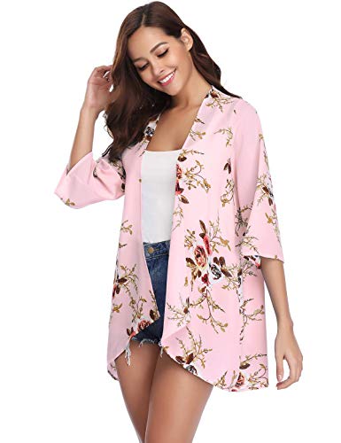 Aibrou Mujer Chal Flojo Cárdigan Kimono Florales, Manga 3/4 Tops Blusa Floral Suelta Casual Boho Style Capas(Rosa Claro L)