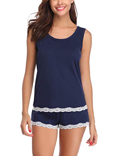 Aibrou Pijamas para Mujer Verano Corto Ropa de Domir de Algodon Manga Corta Camisetas sin Mangas y Pantalones Cortos Dos Piezas