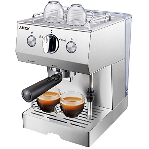 AICOK Cafetera Espresso, 1140W, Depósito extraíble de 1,5 l, 20 Bares, Doble opción de preparación de café: Sistema tradicional de café molido, Boquilla de Espuma de Leche Profesional
