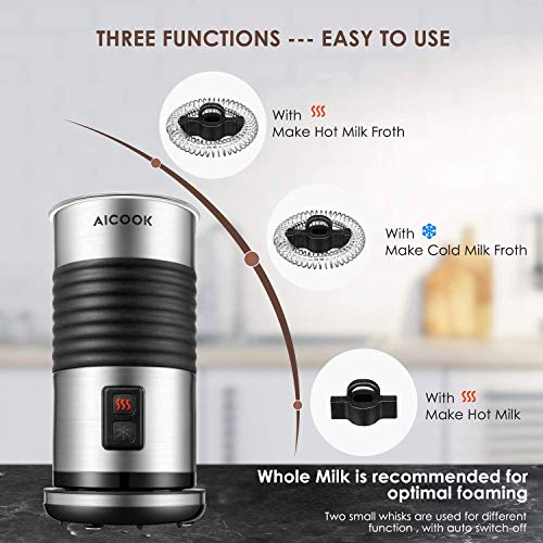 AICOOK Espumador de Leche, 3 Vaporizador de Leche Eléctrico, 200ml Recubrimiento Antiadherente, Automático para Espuma Rica para Café, Latte, Cappuccino