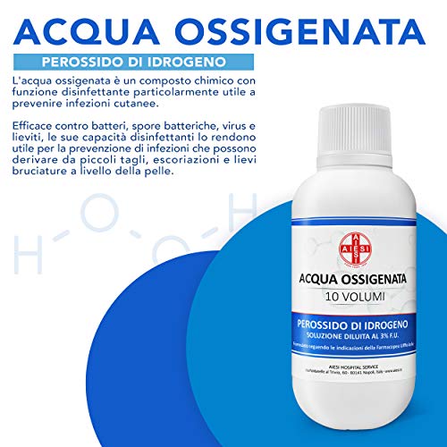 AIESI® Agua Oxigenada desinfectante Ph.Eur. 3% 10 volúmenes con tapa de seguridad para niños 250 ml (Paquete de 2 piezas) # Made in Italy