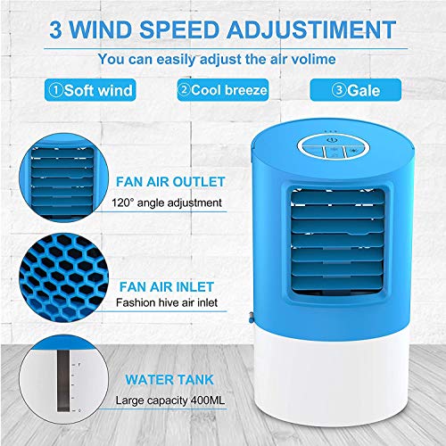 Aire Acondicionado Portátil Enfriador Aire | Mini Acondicionador de Aire Móvil | 4 en 1 refrigerador de aire | 2 temporizador 3 energía eólica | 7 colores, azul