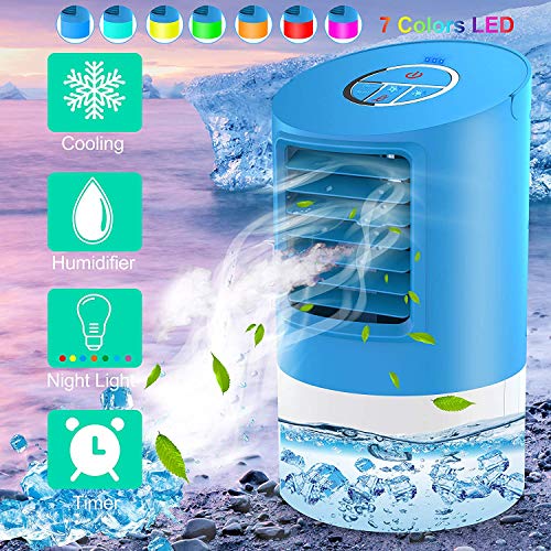 Aire Acondicionado Portátil Enfriador Aire | Mini Acondicionador de Aire Móvil | 4 en 1 refrigerador de aire | 2 temporizador 3 energía eólica | 7 colores, azul