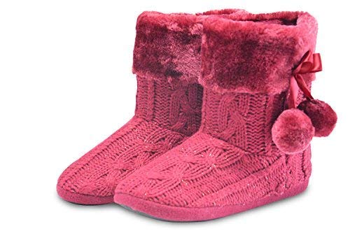 AIREE FAIREE Zapatillas de Casa para Mujer Pantuflas Mujer Invierno Casa con Bordes del Tejido de Punto y Pompons (EU 38-39, Bourgogne)