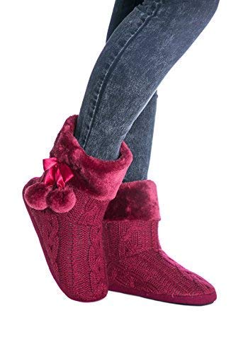 AIREE FAIREE Zapatillas de Casa para Mujer Pantuflas Mujer Invierno Casa con Bordes del Tejido de Punto y Pompons (EU 38-39, Bourgogne)