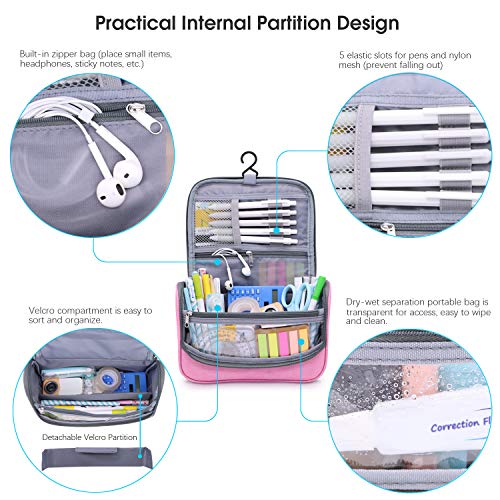 Aiscool - Estuche para lápices de gran capacidad, organizador impermeable, bolsa de viaje, bolsa de aseo con separación seca y húmeda, diseño de 2 capas, para escuela, hogar, oficina, color rosa