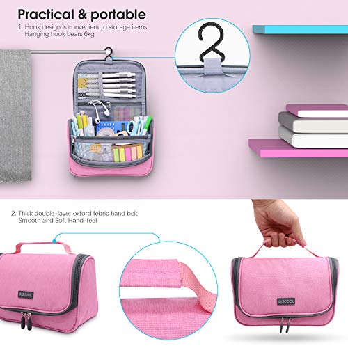 Aiscool - Estuche para lápices de gran capacidad, organizador impermeable, bolsa de viaje, bolsa de aseo con separación seca y húmeda, diseño de 2 capas, para escuela, hogar, oficina, color rosa