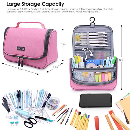 Aiscool - Estuche para lápices de gran capacidad, organizador impermeable, bolsa de viaje, bolsa de aseo con separación seca y húmeda, diseño de 2 capas, para escuela, hogar, oficina, color rosa