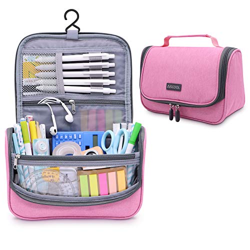 Aiscool - Estuche para lápices de gran capacidad, organizador impermeable, bolsa de viaje, bolsa de aseo con separación seca y húmeda, diseño de 2 capas, para escuela, hogar, oficina, color rosa