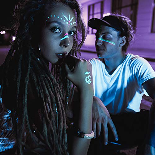 AKTIIV® Kit Tatuajes Temporales | Pintura Facial Edición Neón | 9 Hojas con Diseños de Pintura Facial | ideal para Fiestas y Festivales de Niños, Adultos, Mujeres, Hombres | brilla en luz ultravioleta