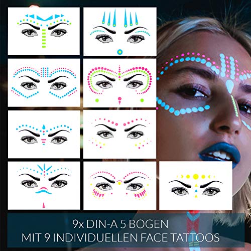 AKTIIV® Kit Tatuajes Temporales | Pintura Facial Edición Neón | 9 Hojas con Diseños de Pintura Facial | ideal para Fiestas y Festivales de Niños, Adultos, Mujeres, Hombres | brilla en luz ultravioleta