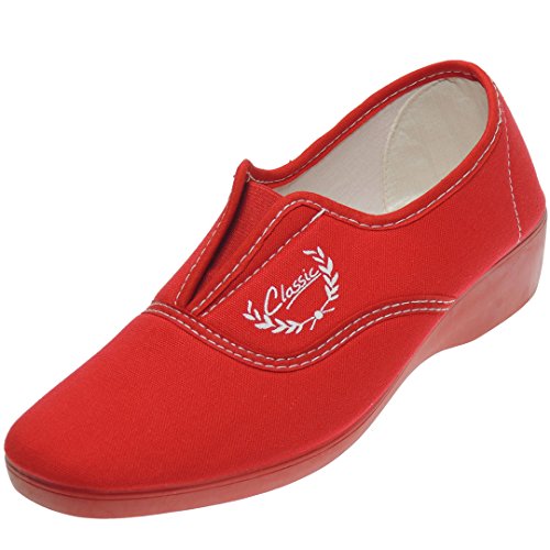 Alcalde 7000 Zapatilla Deportiva Aerobic Lona Mujer Cuña 3.8Cm Ajuste Elástico Empeine Piso Goma Antidelizante Rojo Talla 41