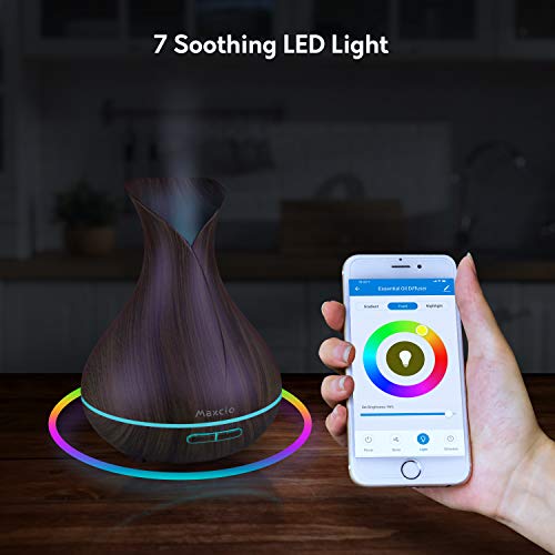 Alexa Difusor Aromaterapia WiFi, Maxcio Humidificador Ultrasónico Aceites Esenciales 400ml 7-Color LED 2 Modos de Nieble Controlable por Vía Wifi y Voz Compatible Con Amazon Alexa y Google Home