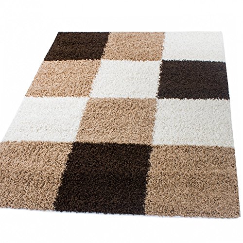 Alfombra Shaggy Pelo Alto Pelo Largo De Cuadros En Marrón Beige Crema, tamaño:140x200 cm