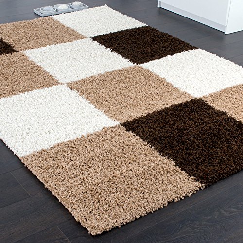 Alfombra Shaggy Pelo Alto Pelo Largo De Cuadros En Marrón Beige Crema, tamaño:140x200 cm
