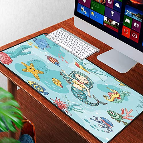 Alfombrilla Raton Grande Gaming Mouse Pad,Decoración de sirena, patrón con sirena, fauna, medusa tropical, pez de colores, vítor,Lavable, Antideslizante Diseñada para Gamers, Trabajo de Oficina