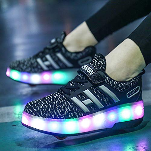 Ali-WD - Zapatos con ruedas y luz, recargables por USB, unisex, de doble rueda, patines con ruedas y suela con luces LED, para niños, chicos y chicas, deportivos, color Negro, talla 37 EU