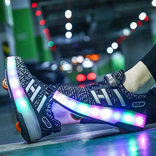 Ali-WD - Zapatos con ruedas y luz, recargables por USB, unisex, de doble rueda, patines con ruedas y suela con luces LED, para niños, chicos y chicas, deportivos, color Negro, talla 37 EU