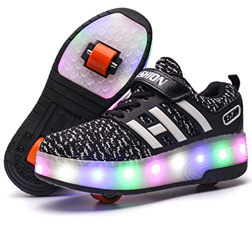 Ali-WD - Zapatos con ruedas y luz, recargables por USB, unisex, de doble rueda, patines con ruedas y suela con luces LED, para niños, chicos y chicas, deportivos, color Negro, talla 37 EU