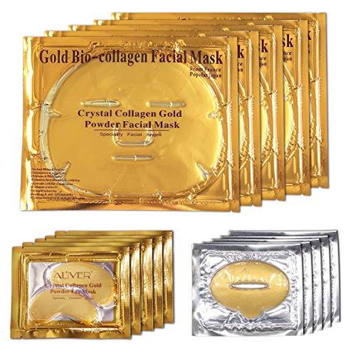 ALIVER 24k Gold Bio Collagen facial Máscara, Gold Powder Eye Mask y Lip Mask ( 5 sets / paquete )
