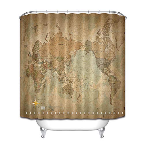 Aliyz Antique Carte du Monde parchemin Antique Maison hôtel Bains décoration imperméable à moisissure Protection l'environnement facile d'entretien Rideau Douche Rideau Tissu Polyester 71x71 pouces