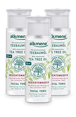 alkmene aceite de árbol de té tónico facial para la piel impura - anti espinillas, manchas y rojeces - limpieza facial vegana sin siliconas, parabenos y aceite mineral en paquete de 3 (3x 150 ml)