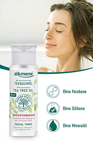 alkmene Aceite del árbol de té, tónico facial para la piel impura - Anti espinillas, manchas y rojeces - Limpieza facial vegana sin siliconas, parabenos y aceite mineral (1x 150 ml)