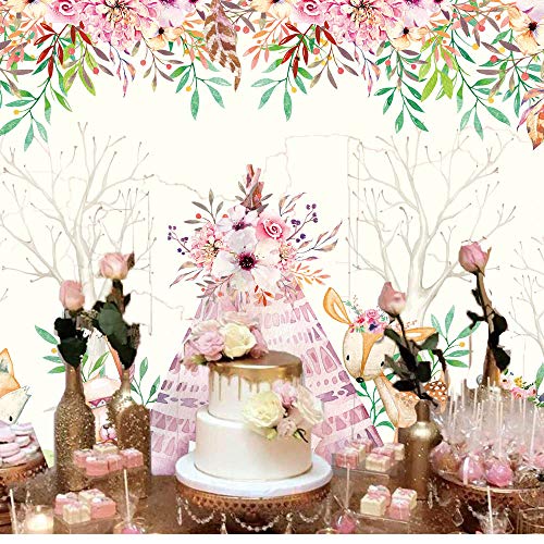 Allenjoy Boho Woodland Telón de Fondo para niñas Baby Shower Niños Fiesta de cumpleaños Fotografía Pastel Decoración de Mesa Banner Animales Salvajes Flores Rosadas Photo Booth Props 210x150cm