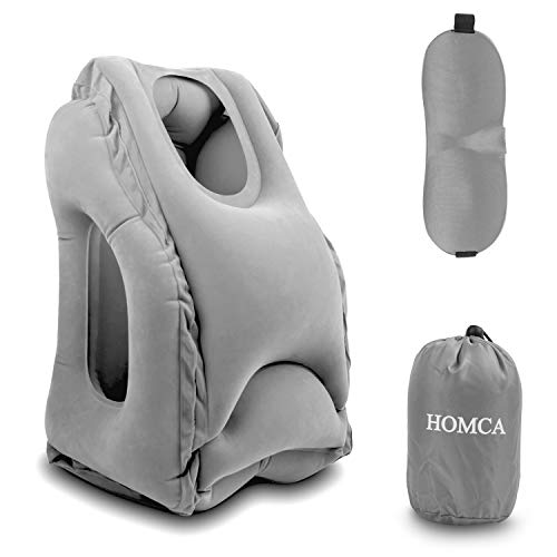 Almohadas de Viaje, HOMCA Multi-Funcional Inflable Almohadilla de Siesta cómodo cojín de Viaje con máscara de Ojo para Aviones, Coches, autobuses, Trenes (Gris)