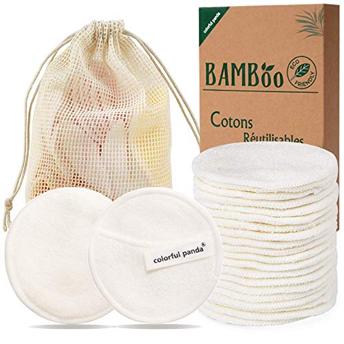 Almohadillas Desmaquillantes, Colorful Panda 20Pcs Almohadillas de algodón de bambú reutilizables con bolsa de lavandería, Lavable Maquillaje facial Paños de limpieza para cara Todo Pieles