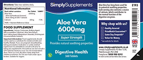 Aloe Vera 6000mg - ¡Bote para 6 meses! - Apto para veganos - 360 Comprimidos - SimplySupplements