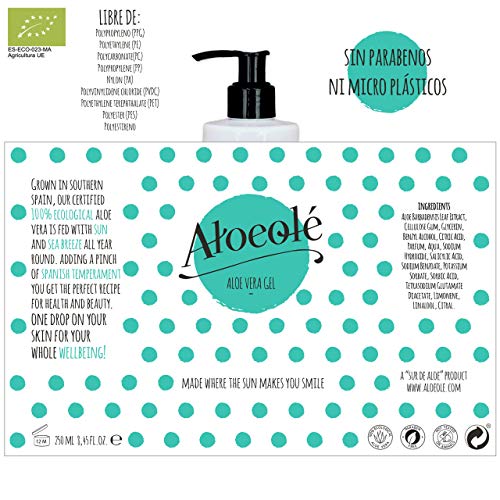 AloeOlé | Gel Aloe Vera 100% Puro y Ecológico 250 ml | Hidrata, regenera la piel y alivia las quemaduras | After Sun refrescante y calmante Post Depilación | Producido en España |