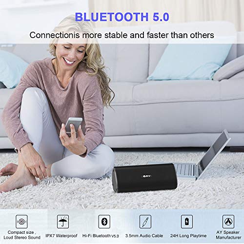 Altavoz 30W Portátil Bluetooth 5.0 AY, Impermeable IPX7 Altavozs Inalámbrico, Sonido estéreo HD Potentes conTWS & Micrófono, Resistente a Golpes, Autonomía de 24H para Camping,Viajes, Aire Libre.