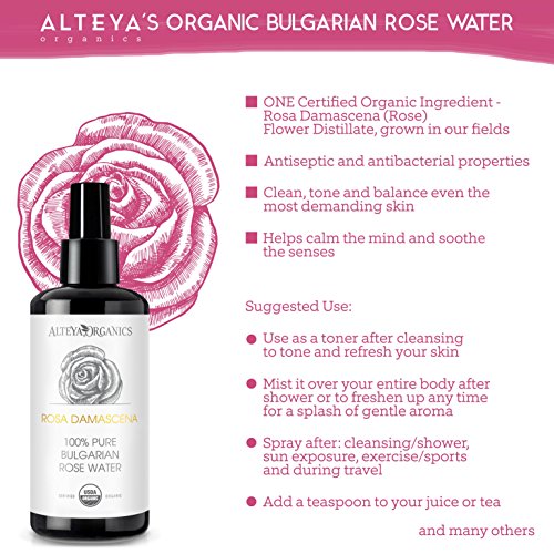 Alteya Organic Agua Floral de Rosa (Rosa Damascena) 200 ml – Spray (Vidrio) - 100% Puro Natural Bio con Certificado USDA, Vendido Directamente por el Cultivador y Destilador Alteya Organics